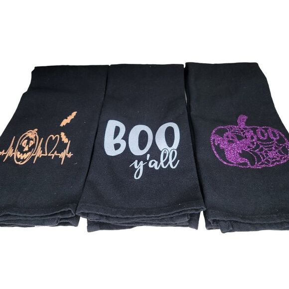 3 Black Halloween 100% Cotton Kitchen Towels - Picture 1 of 6